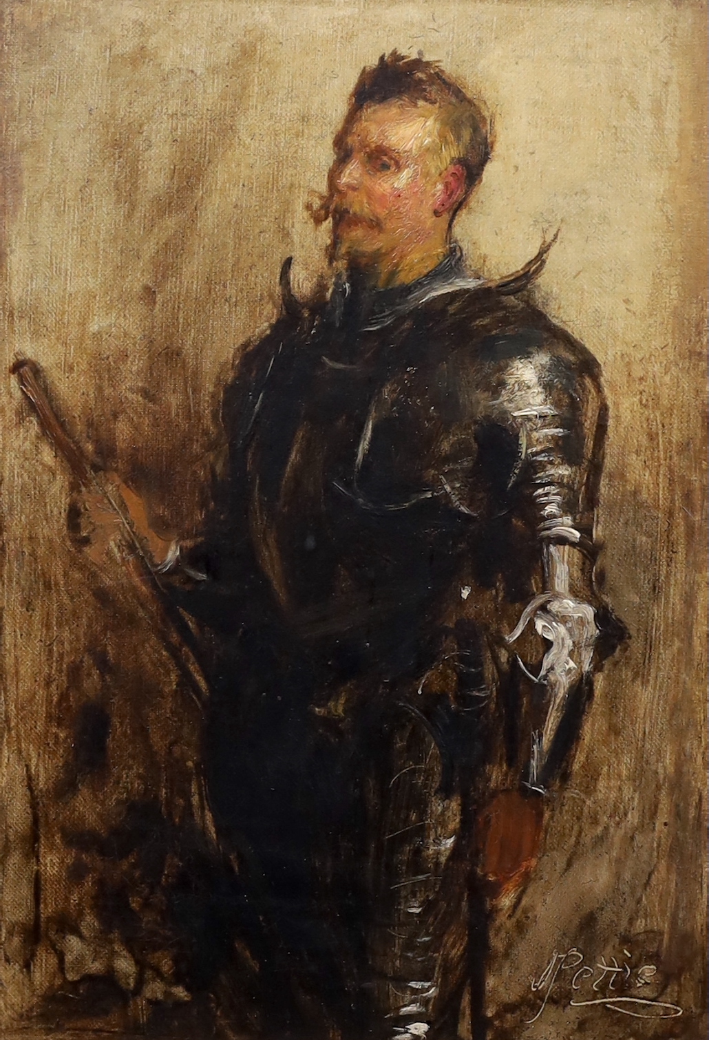 John Pettie R.A., H.R.S.A. (Scottish, 1839-1893), Study of a figure wearing armour, oil on canvas, 34 x 24cm